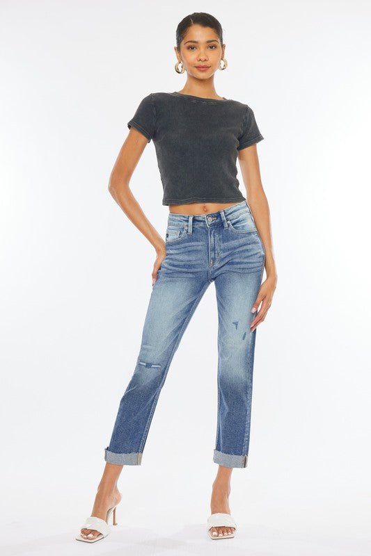 High Rise Cuffed Slim Straight Jeans