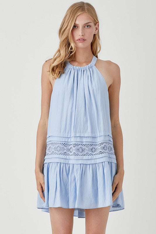 Sleeveless Lace Trim Halter Mini Dress