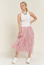 Load image into Gallery viewer, LAYERED POLKA DOT MESH LINED A-LINE MIDI SKIRT
