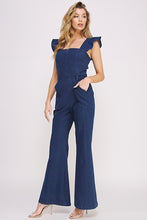 Load image into Gallery viewer, DENIM RUFFLE FLARE LEG JUMPSUIT
