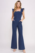 Load image into Gallery viewer, DENIM RUFFLE FLARE LEG JUMPSUIT
