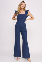 Load image into Gallery viewer, DENIM RUFFLE FLARE LEG JUMPSUIT
