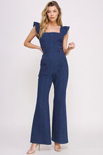 Load image into Gallery viewer, DENIM RUFFLE FLARE LEG JUMPSUIT
