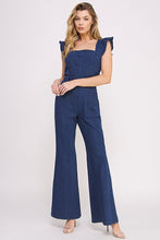 Load image into Gallery viewer, DENIM RUFFLE FLARE LEG JUMPSUIT
