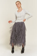 Load image into Gallery viewer, LAYERED POLKA DOT MESH LINED A-LINE MIDI SKIRT

