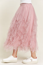 Load image into Gallery viewer, LAYERED POLKA DOT MESH LINED A-LINE MIDI SKIRT
