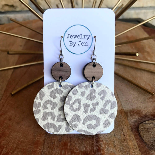 Cheetah Print Leather Dangle Earrings w/ Walnut Round - Moon Blossom Boutique