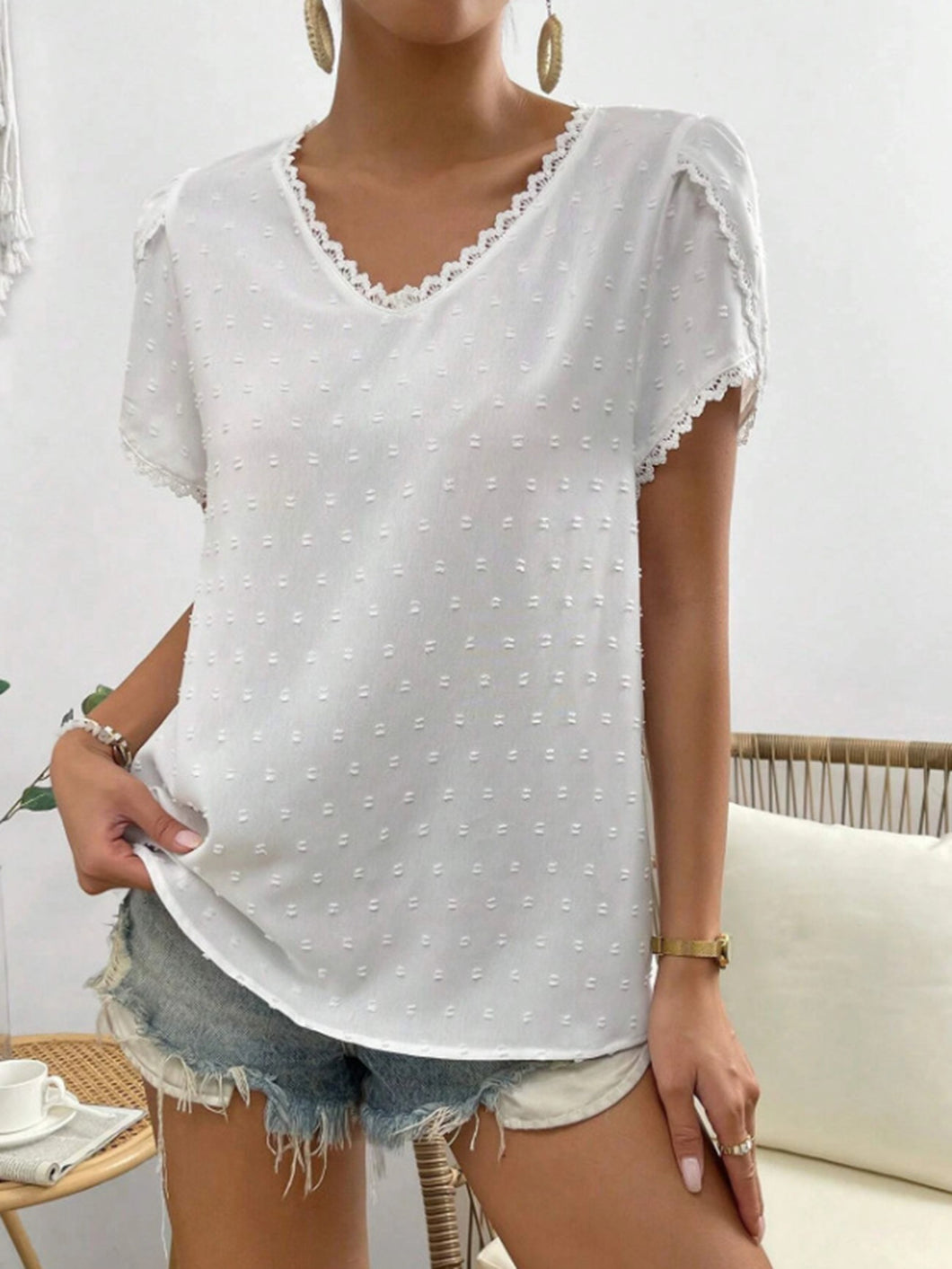 Lacey Swiss Dot Petal Sleeve V-Neck Blouse