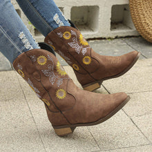 Load image into Gallery viewer, &quot;Blooming Style:  Vegan Leather Sunflower Embroidered Boots
