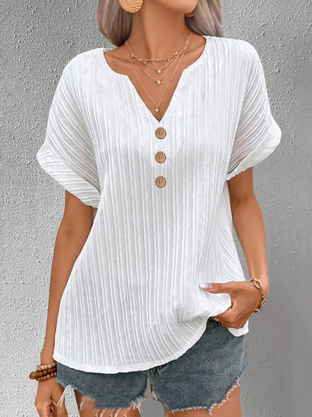 Chic Simplicity Notches and Stripes Blouse