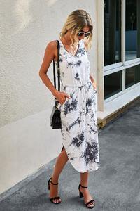 Tie Dye Midi V Neck Dress With Drawstring - Moon Blossom Boutique