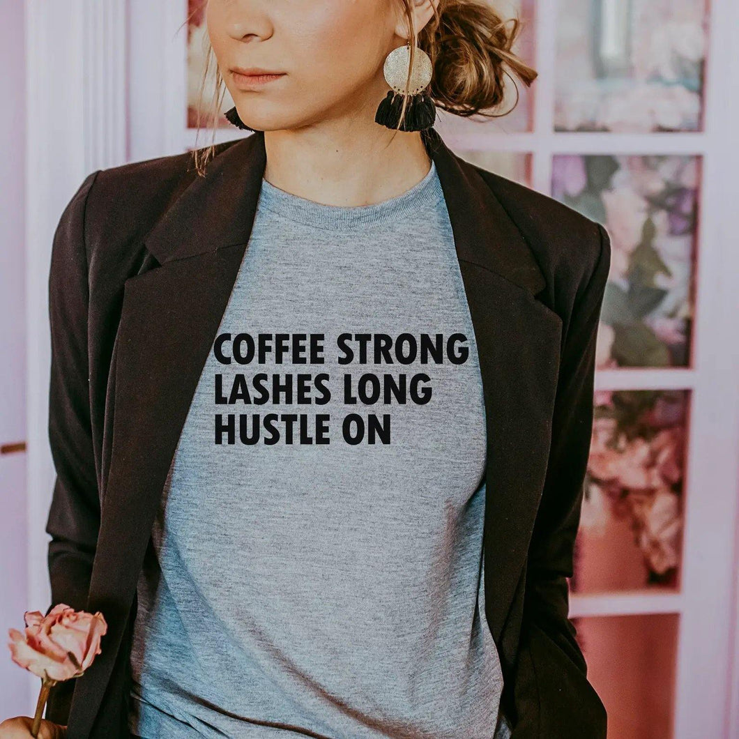 'Coffee Strong Lashes Long Hustle On' Heather Gray Graphic Tee - Moon Blossom Boutique