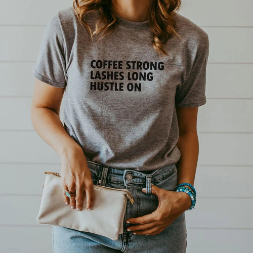 'Coffee Strong Lashes Long Hustle On' Heather Gray Graphic Tee - Moon Blossom Boutique