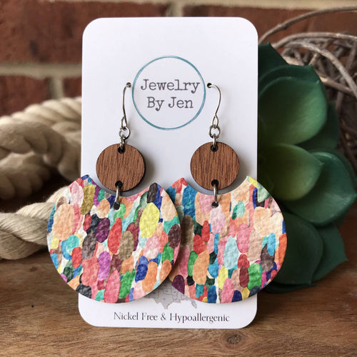 Luna Confetti Splash Leather Earrings w/ Cherry Wood Rounds - Moon Blossom Boutique