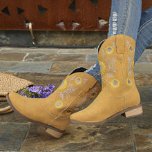 Load image into Gallery viewer, &quot;Blooming Style:  Vegan Leather Sunflower Embroidered Boots
