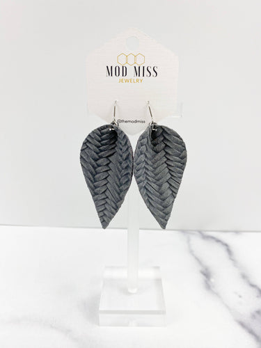 Leather Petal Earring ''Weaved Slate Gray '' - Moon Blossom Boutique