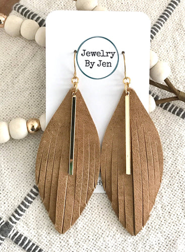 Weathered Boho Fringe Leather Earrings W/ Gold Bar - Moon Blossom Boutique