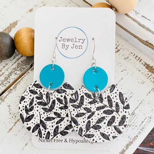 Luna Turquoise w/Black & White Olive Branches Leather Earrings - Moon Blossom Boutique