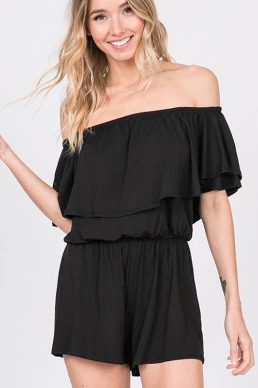 OFF THE SHOULDER RUFFLED SOLID BLACK ROMPER - Moon Blossom Boutique